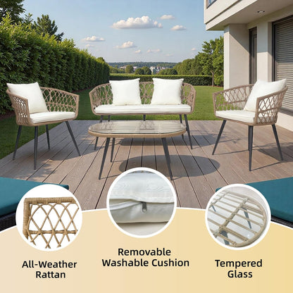 4 Piece Patio Furniture Set,Outdoor Conversation Set with Wicker Sofa, 2 Rattan Chairs and Glass Table, Patio Bistro Set with All Weather Cushions, for Garden, Porch, Backyard (Beige)