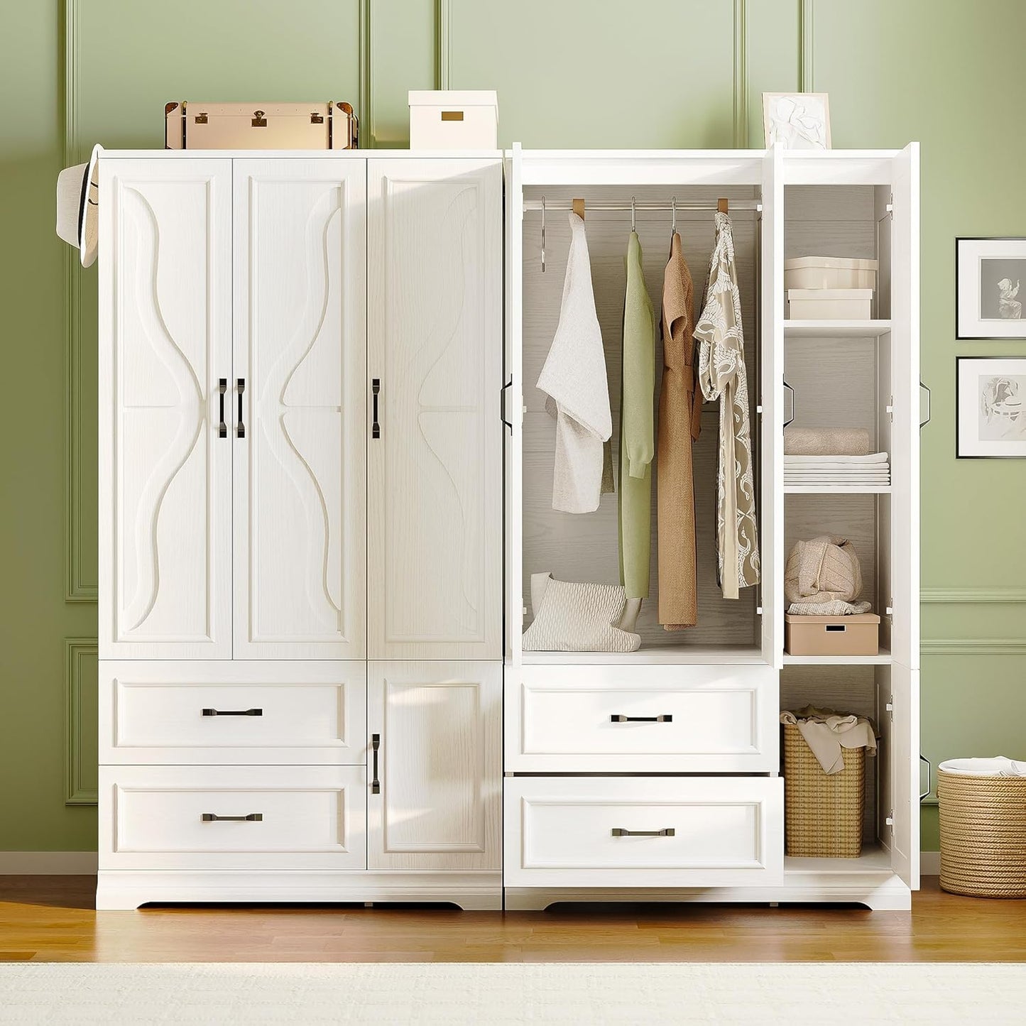 Armoire Wardrobe Closet with 4 Doors and Drawers, Wardrobe Cabinet with Storage Shelves and Side Hooks, Clothing Storage Cabinet for Bedroom, White