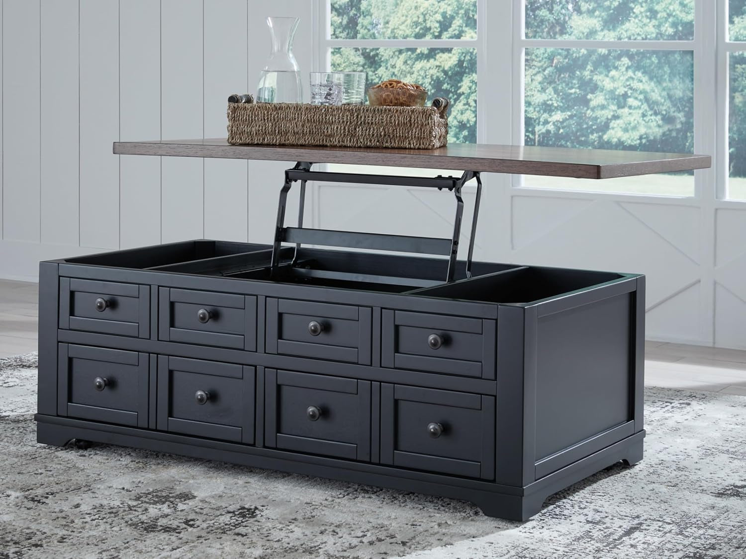 Wildenauer Lift Top Cocktail Table, Satin Finish Base, 2 Drawers, 2 Storage Bins, Hardwood Solids, 52" W X 28" D X 19" H, Light Brown & Black