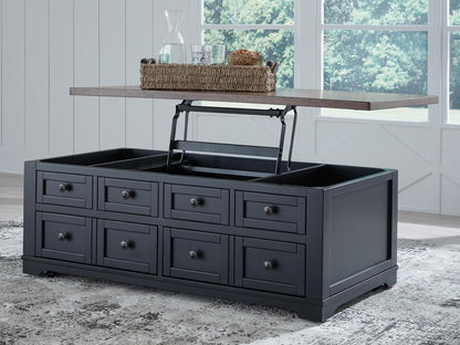 Wildenauer Lift Top Cocktail Table, Satin Finish Base, 2 Drawers, 2 Storage Bins, Hardwood Solids, 52" W X 28" D X 19" H, Light Brown & Black