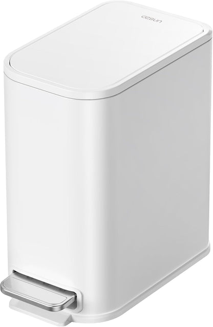Small Bathroom Trash Can with Lid Soft Close, Step Pedal, 5 Liter / 1.3 Gallon Stainless Steel Garbage Can with Removable Inner Bucket, Waste Basket for Bathroom, Bedroom (White)