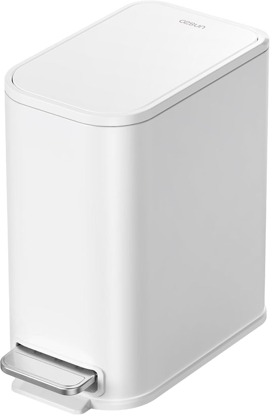 Small Bathroom Trash Can with Lid Soft Close, Step Pedal, 5 Liter / 1.3 Gallon Stainless Steel Garbage Can with Removable Inner Bucket, Waste Basket for Bathroom, Bedroom (White)