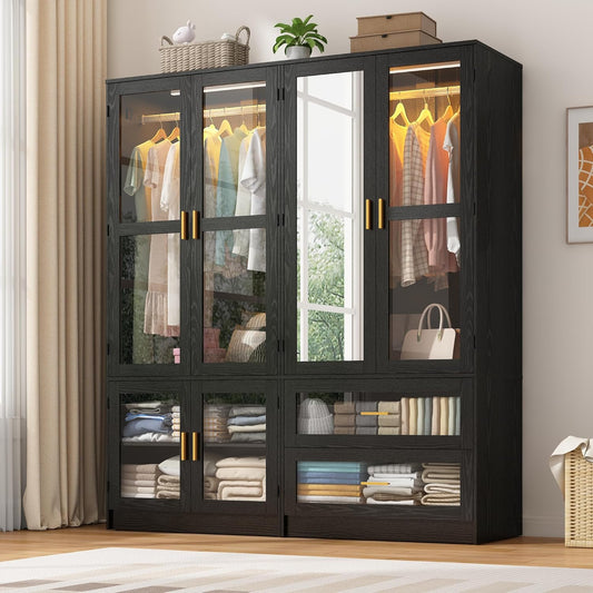 4 Doors Armoire Wardrobe Closet with LED and Mirror,71" H Freestanding Wooden Wardrobe Closet Cabinet for Bedroom W 2 Drawers,Wooden Clothing Storage Cabinet W Hanging Rod,Closets for Bedroom(Black)