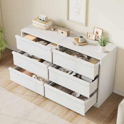 6 Drawer Dresser for Bedroom, 47In Wide Antique White 6 Chest of Drawers with Large Storage, Wooden Dresser Organizer for Living Room, Nursery, Entryway