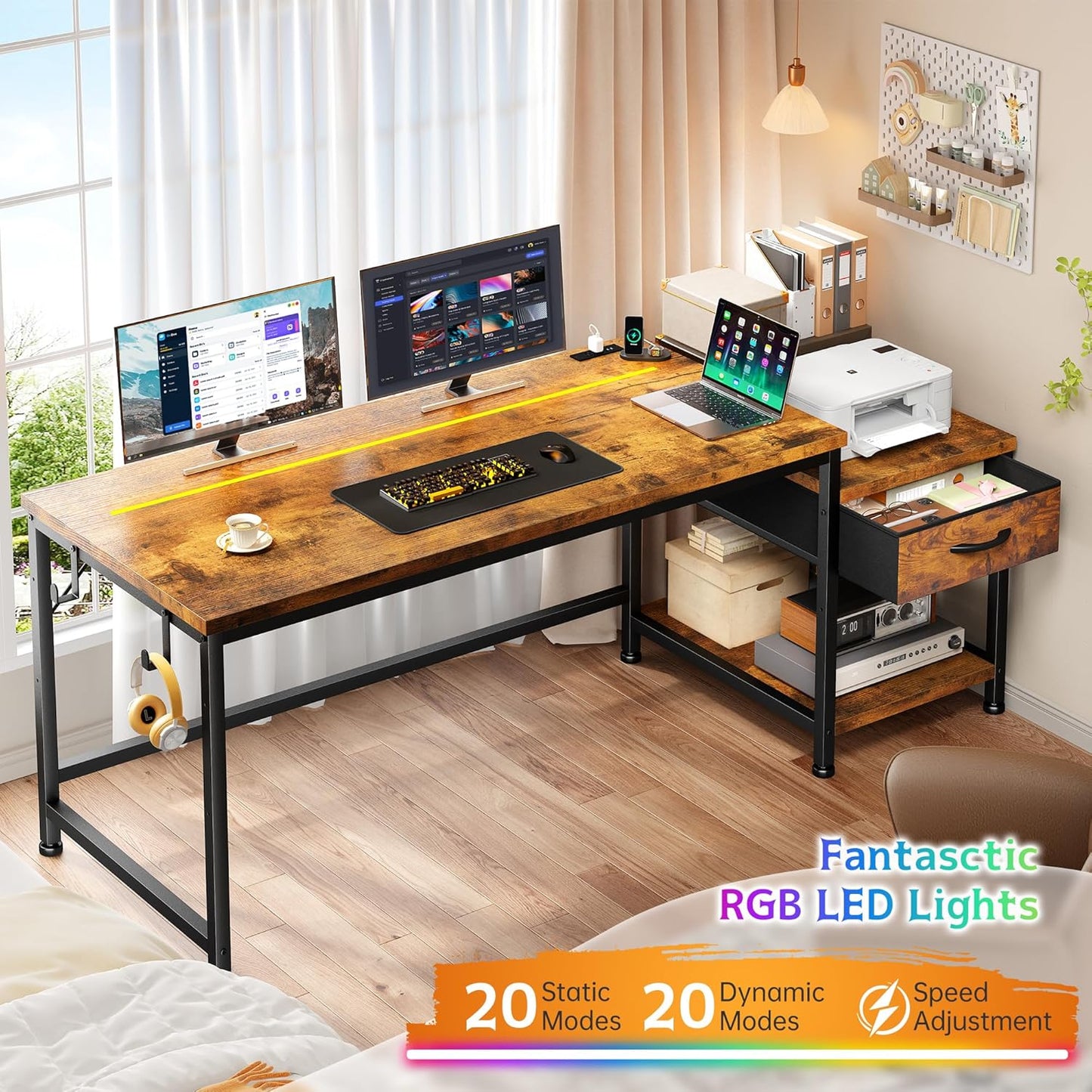 48.1 Computer Desk with Drawers & Printer Shelf,Gaming Desk with LED Lights & Power Outlet,Office Desk with Headphone Hook,Reversible Corner Work Desk for Small Space,Carbon