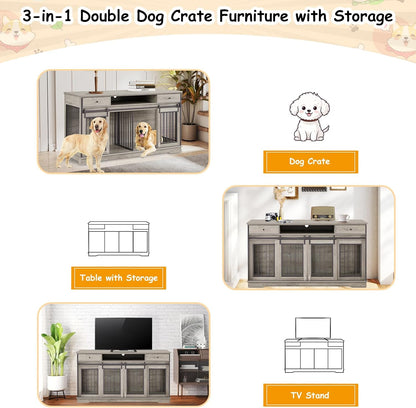75 Inch Double Dog Crate Furniture, 3 in 1 Dog Cage for Large Dogs, Durable Grey TV Stand Dog Crate with Trays and Divider, Double Dog Kennel for 2 Dogs