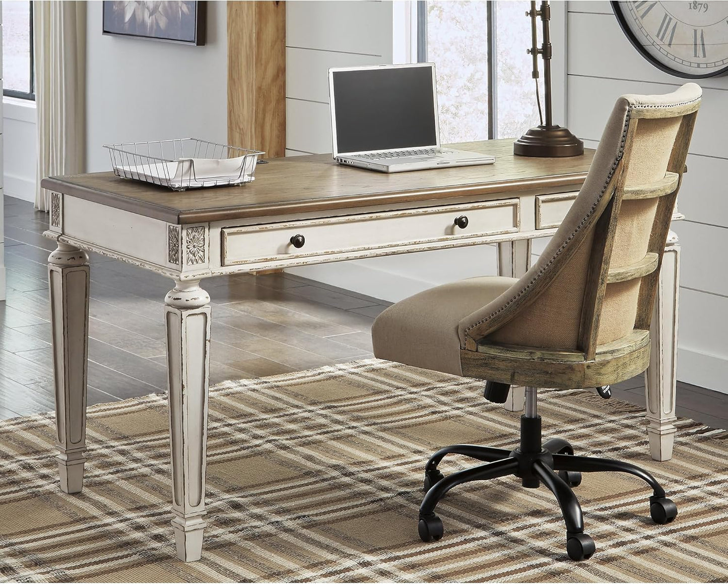 Realyn Farmhouse Home Office Desk, 2 Drawers, Drop-Down Drawer, USB Charging, Wood, 60" W X 28" D X 31" H, Chipped White and Brown