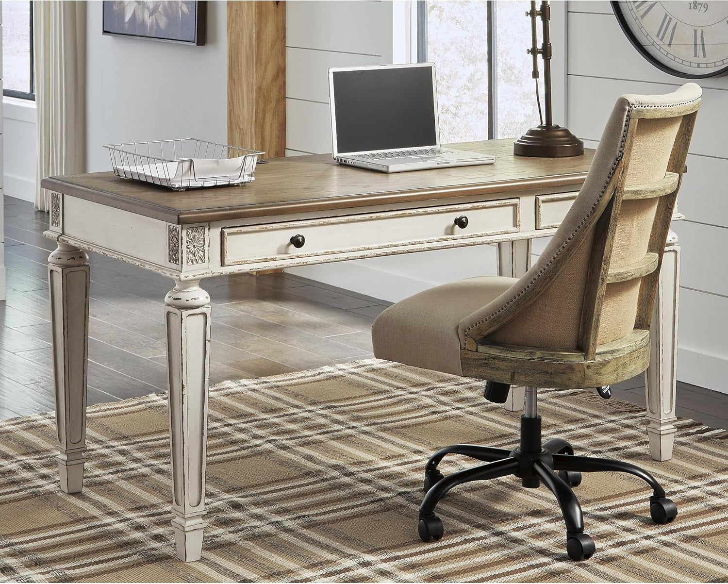Realyn Farmhouse Home Office Desk, 2 Drawers, Drop-Down Drawer, USB Charging, Wood, 60" W X 28" D X 31" H, Chipped White and Brown