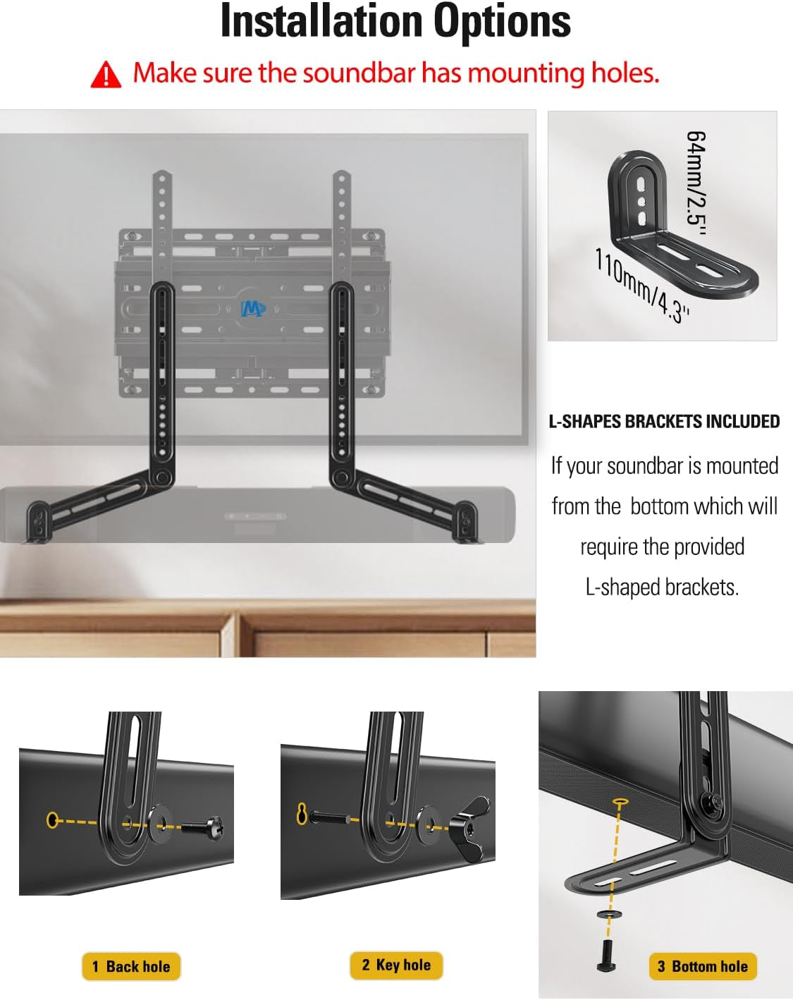 Soundbar Mount Bracket for Mounting above or under TV Fits Most of Sound Bars up to 15 Lbs, with Detachable Long Extension Plates MD5420