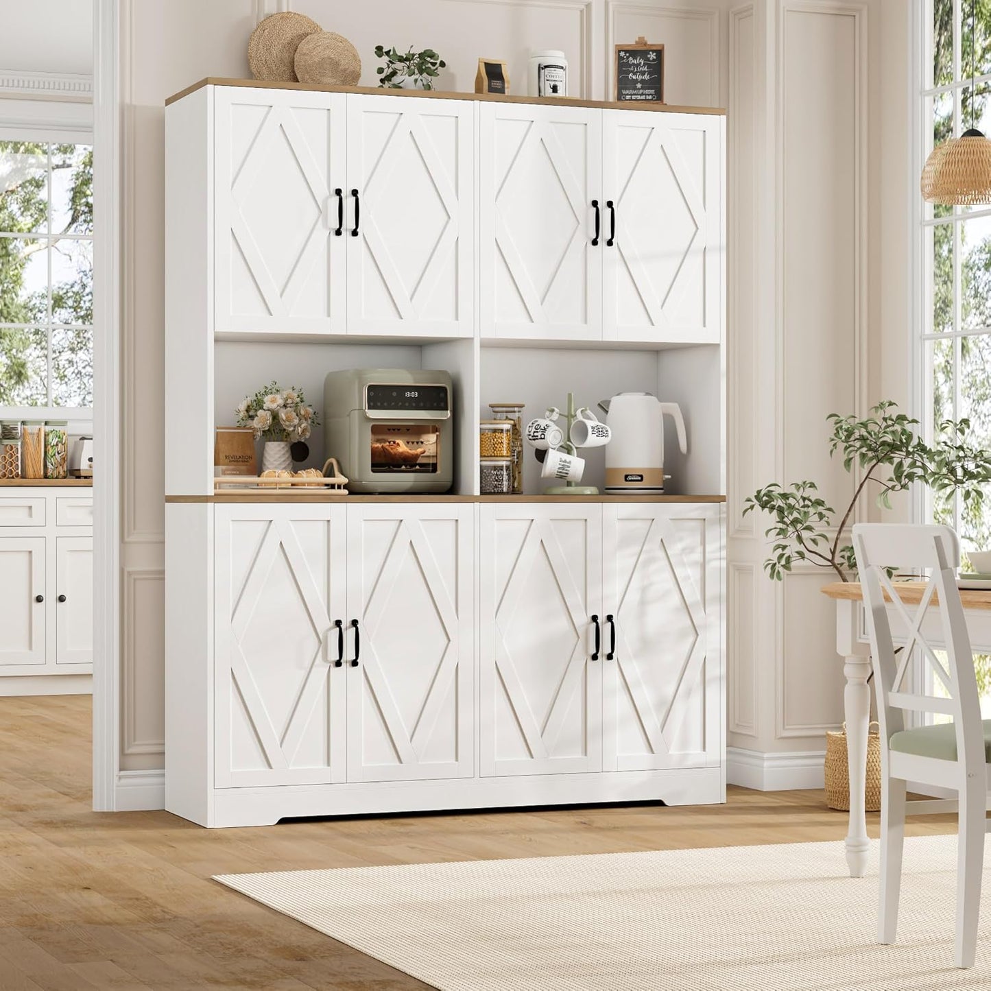 71" Tall Pantry Cabinet, 55" Wide Kitchen Pantry Storage Cabinet, Large Kitchen Hutch with 2 Microwave Stands, Farmhouse Coffee Bar Station with Doors and Shelves for Dining Room, White