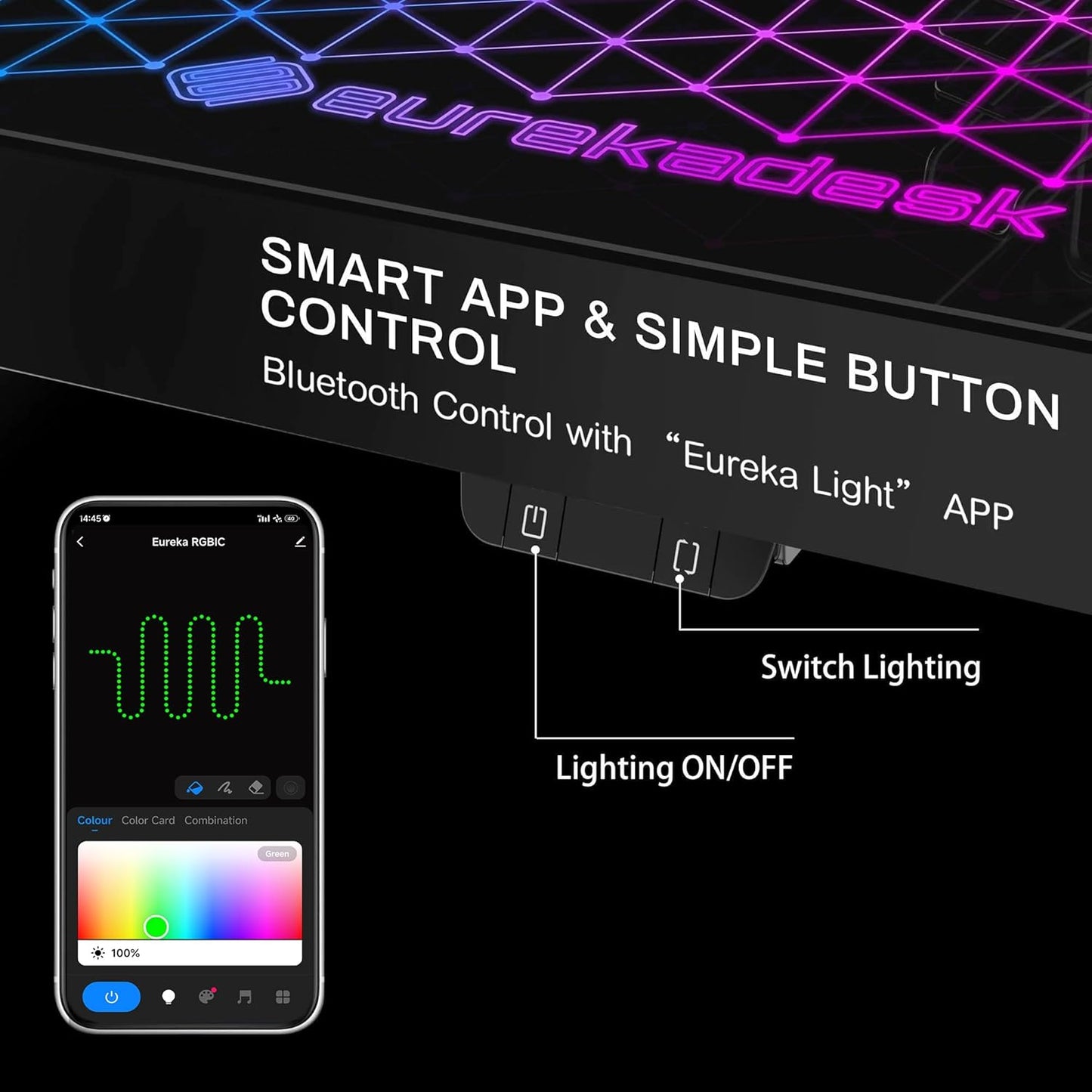 RGB LED Gaming Desk, Music Sync Lights up Tempered Glass Desktop, 43" GTG I43 Home Office Computer Table W Controller Rack 4 USB Charging Ports, APP Control