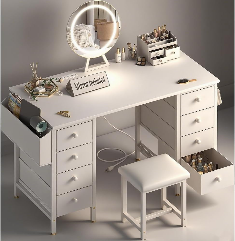 White Vanity Desk with Mirror and Light- Makeup Vanity Set Table with Chair, Storage, Lighted Mirror, 8 Large Fabric Drawers & Power Outlet, Dressing Table Vanities for Girls Bedroom