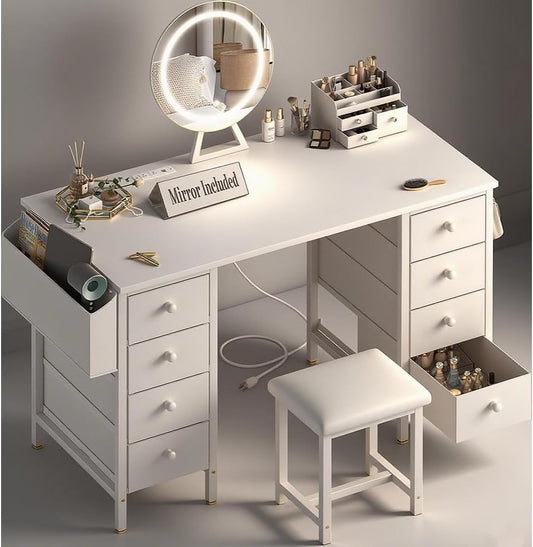 White Vanity Desk with Mirror and Light- Makeup Vanity Set Table with Chair, Storage, Lighted Mirror, 8 Large Fabric Drawers & Power Outlet, Dressing Table Vanities for Girls Bedroom