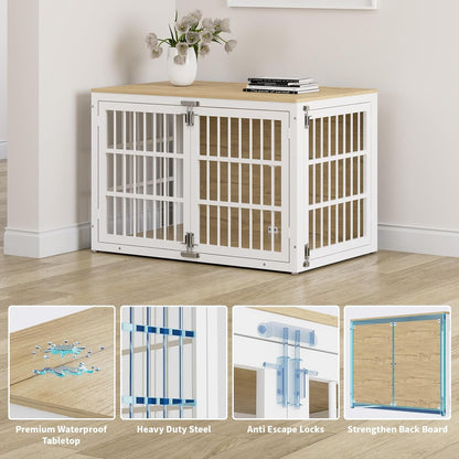 48" Heavy Duty Dog Crate Furniture, Wooden Dog Cage Kennel for Lrage and Extra Large Dogs, Dog Kennel Indoor with Side Door, Decorative Pet House End Table, White and Natural