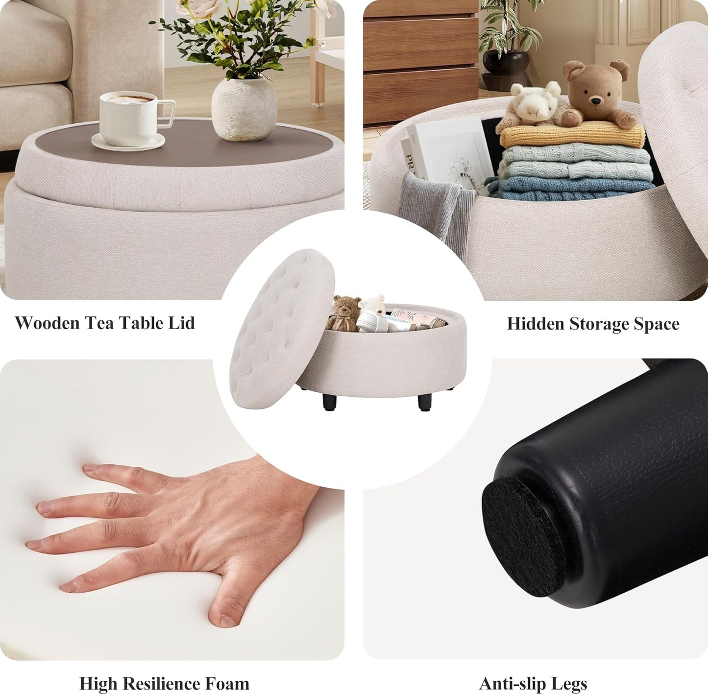 Fabric round Storage Ottoman with Reversible Tray Lid – Multi-Functional Footrest, Hidden Storage, Sturdy & Stylish Small Coffee Table for Living Room, Bedroom, or Entryway(Beige)