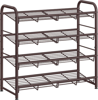 Stackable Shoe Rack, 4 Tier Metal Shoes Rack Storage Shelf, Holds up to 16 Pairs Shoes, Adjustable Slanted Shelves Tower Organizer for Closet Entryway Small Spaces, Bronze