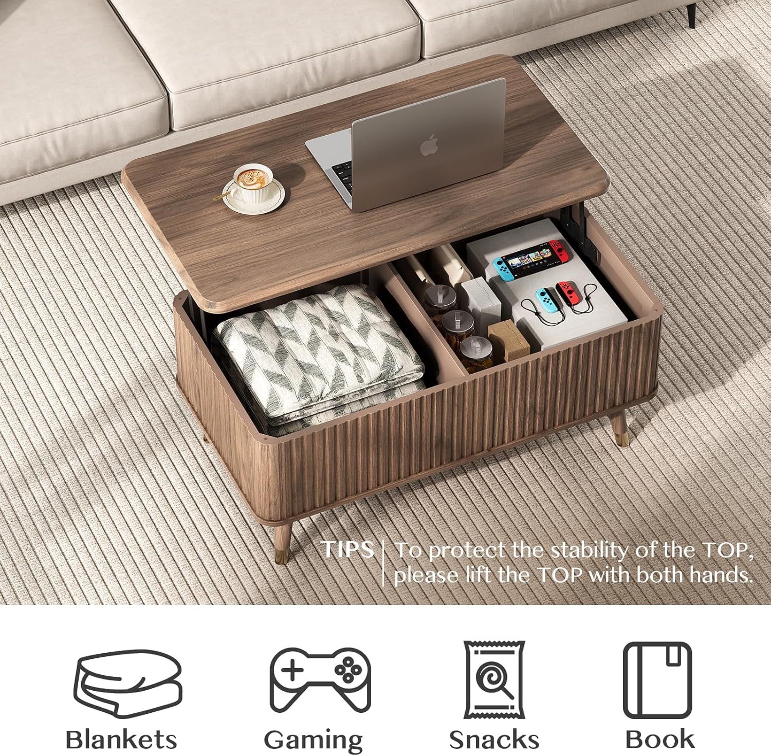 Lift Top Coffee Table with Storage Shelf & Hidden Compartment, Mid Century Modern Fluted Rectangle Dining Table for Living Room, Home Office, Walnut