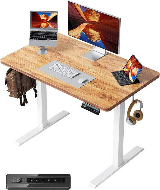 One-Piece Standing Desk Adjustable Height Stand up Home Office Desk, 40X24 Inch Electric Standing Computer Desk, with 4 Memory Presets, Headphone Hook, Light Rustic