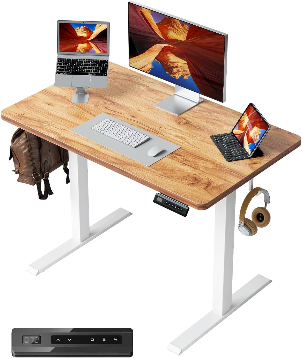 32 X 20 Small One-Piece Standing Desk, Adjustable Height Electric Computer Home Office Sit Stand up Workstation, with 4 Memory Presets, Headphone Hook, Light Rustic