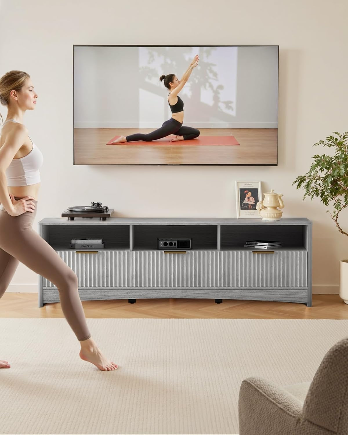 59″ Wide TV Stand for Tvs up to 65″, Modern Entertainment Center with Fluted Panels, 3 Easy-Sliding Drawers, Open Shelves & Cable Hole, Sturdy 3-Tier TV Stands for Living Room & Bedroom, Grey