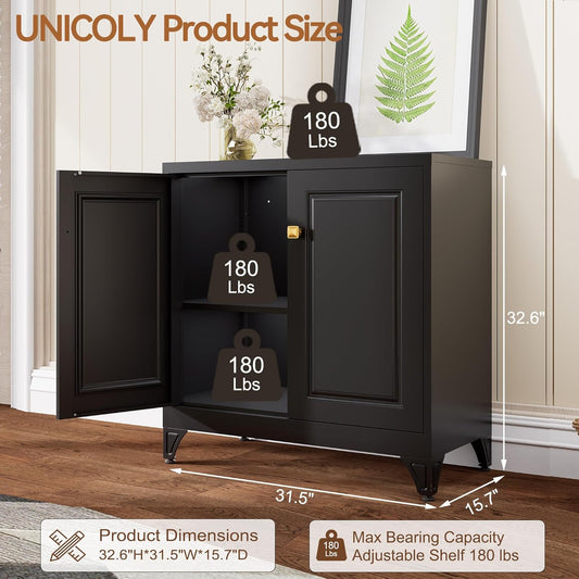 Sideboard Buffet Cabinet, 33" H Sideboard Buffet Storage Cabinet with Doors and Shelves, Coffee Bar, Metal Side Board Cabinets for Living Room, Assembly Required, Black