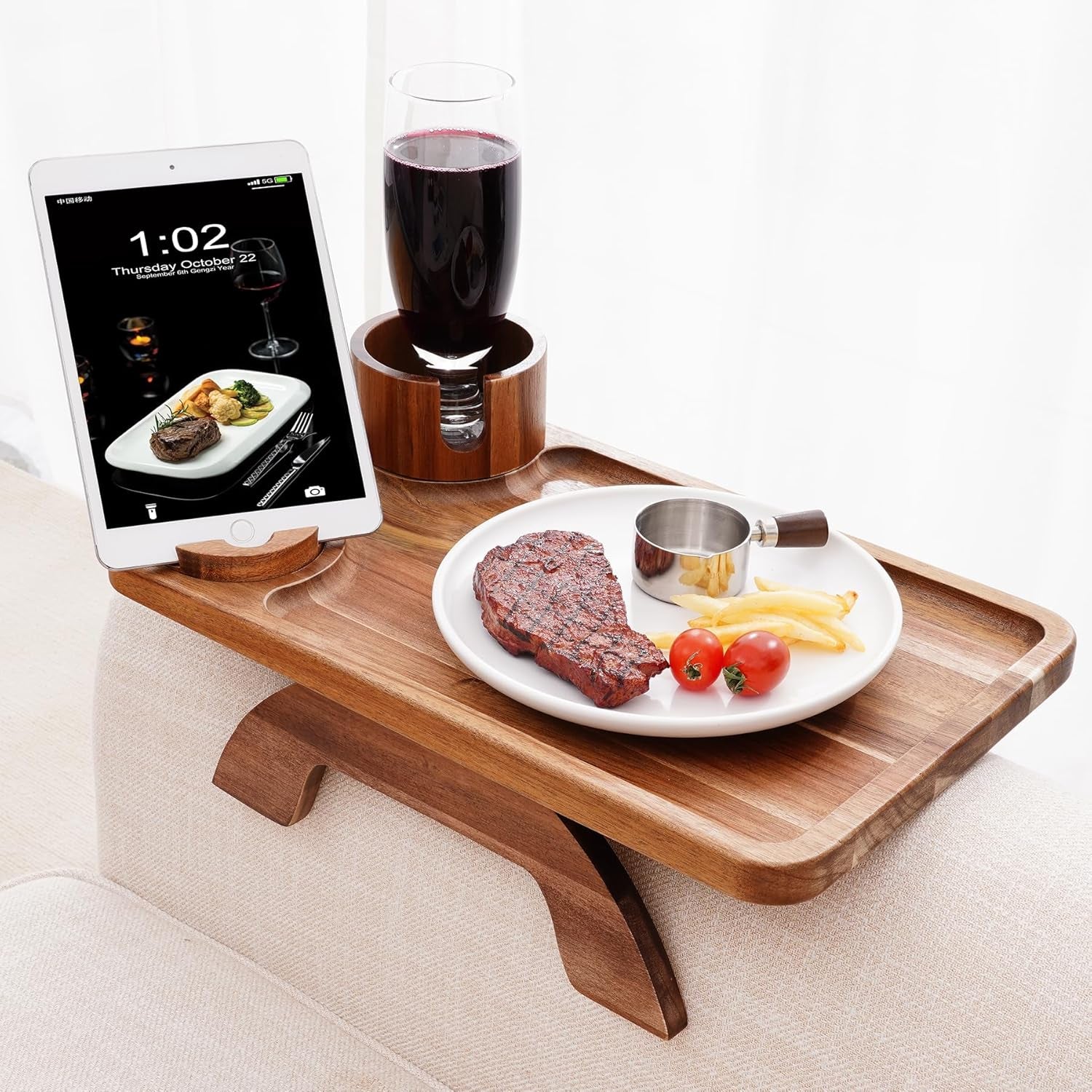 Couch Cup Holder Tray, 3 in 1 Large 15.36"X9.85" Acacia Wood Sofa Arm Clip on Tray Table with 360°Rotated Phone Holder on Armrest