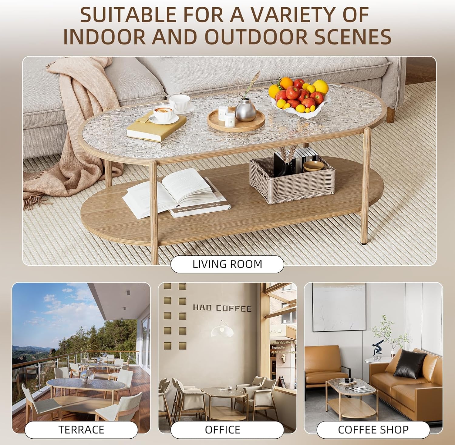 Glass Coffee Table, 44” Tea Dinner Table 2-Tier Oval Center Table Wave Pattern Tempered Glass Table Top with anti Slip Pads, for Living Room Office Cafe Reception Room Small Space Apartment