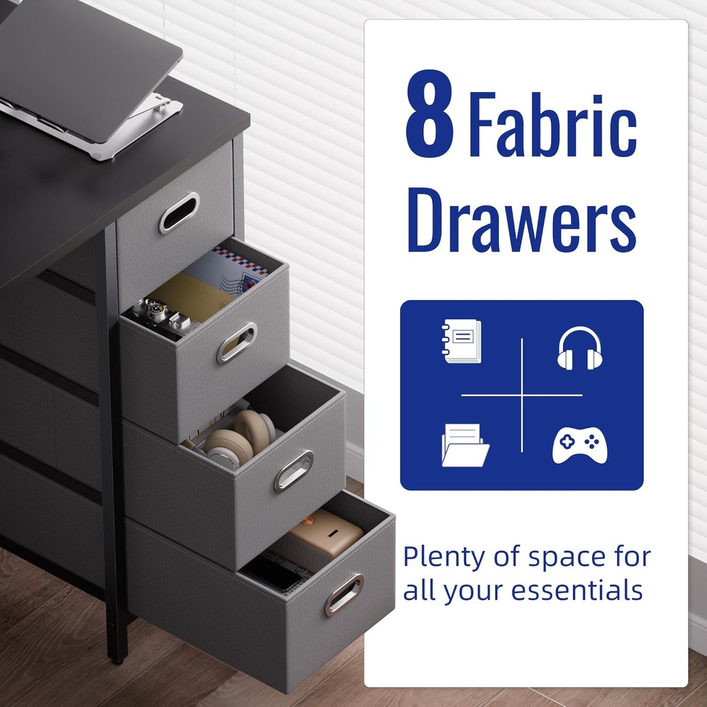 47 Inch Computer Desk with 8 Fabric Drawers PC Gaming Desk Home Office Study Work Writing Table for Bedroom Brown