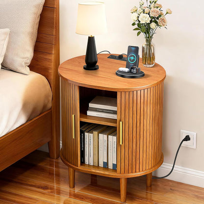 Mid Century Modern Nightstand with Charging Station, Fluted Accent Side Table with Sliding Door & Adjustable Shelf, End Table for Small Space, Living Room, Bedroom,Sofa Couch(1, Yellow)
