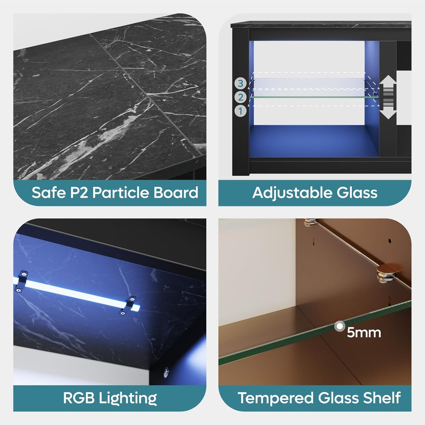 70 Inch Fireplace TV Stand for TV up to 75", LED Entertainment Center with 23" Electric Fireplace Media Console Table for Living Room with Glass Shelves, Black Marble