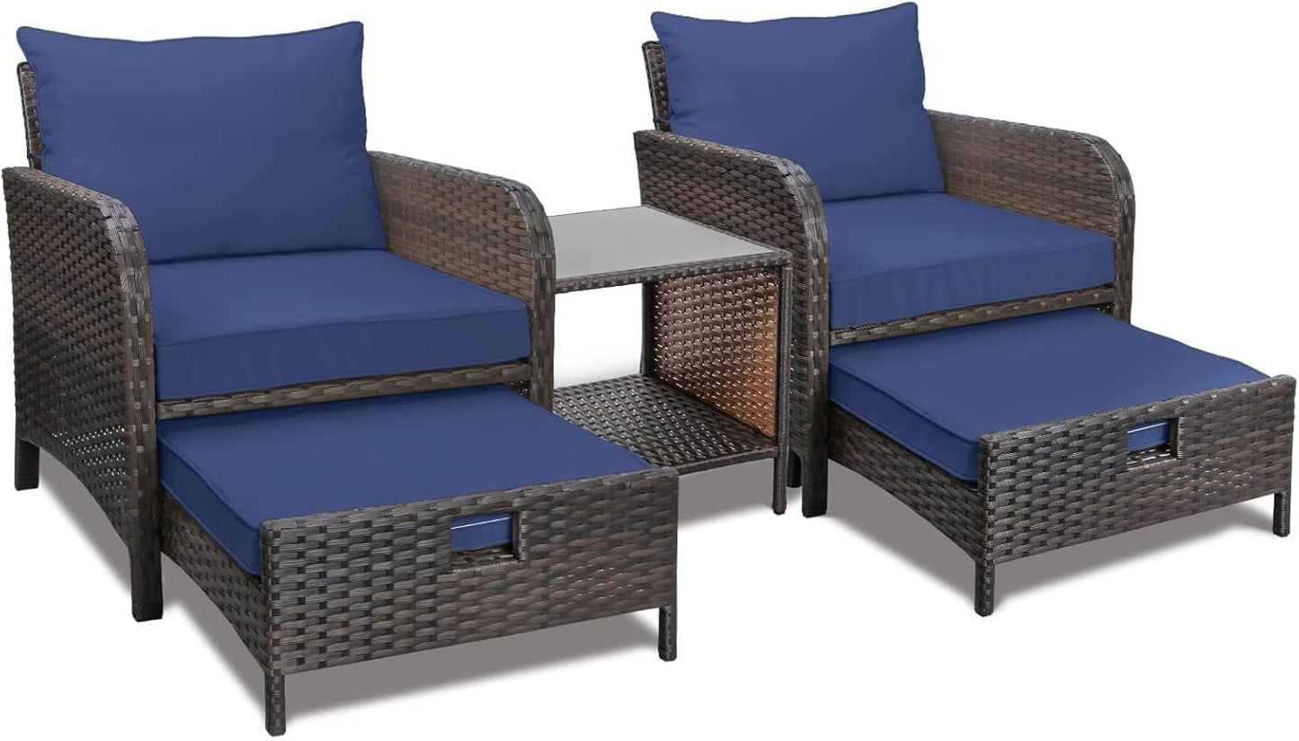 Balcony Furniture 5 Piece Patio Conversation Set, PE Wicker Rattan Outdoor Lounge Chairs with Soft Cushions 2 Ottoman&Glass Table for Porch, Lawn-Brown Wicker
