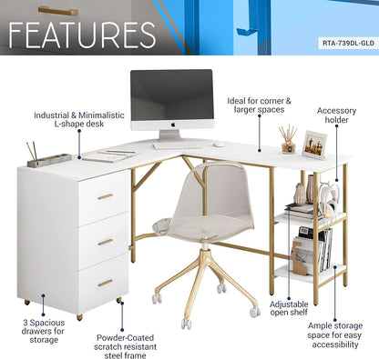L Shaped Desk - Two-Toned Computer Desk with Drawers & Storage Shelves - Simple Modern Furniture & Home Office Space Corner Table for Work & Writing