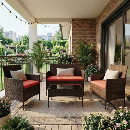 Modern 4-Person Outdoor Bistro Set with Tempered Glass Table – Weather-Resistant PE Rattan & Iron Frame Patio Furniture, Thick Red & Brown Polyester Cushions for Garden, Balcony, Deck