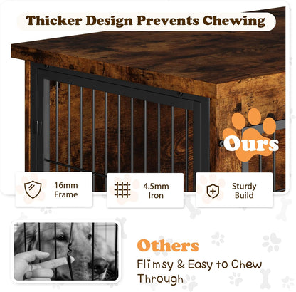 Dog Crate Furniture with Thick Cushion, Side End Table Wooden Dog Cage with Double Doors, Chew-Resistant Dog Kennel Dog House Indoor for Small to Large Dog
