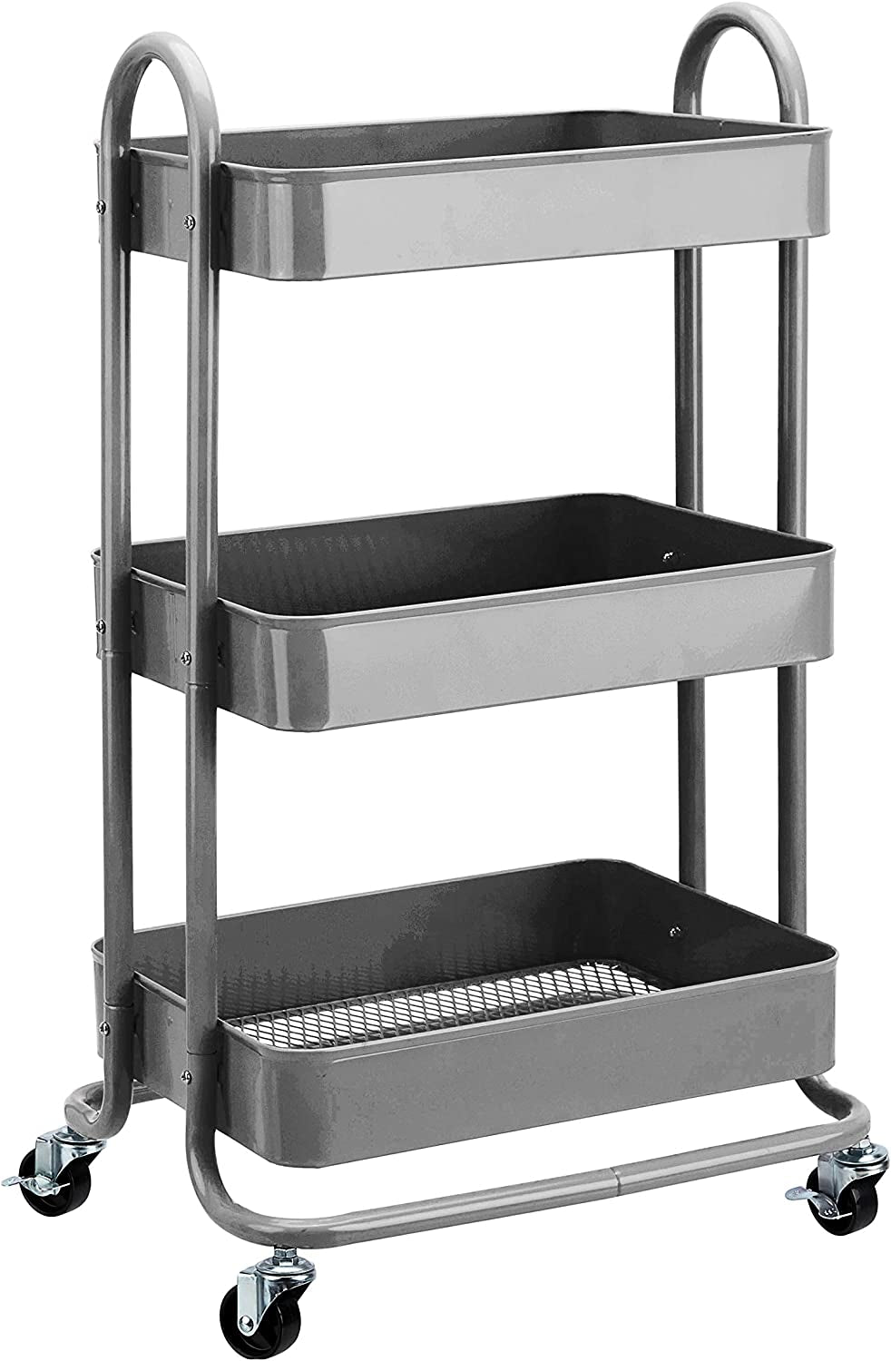 3-Tier Rolling Utility or Kitchen Cart, Lockable Wheels, Multifunctional Storage, Charcoal