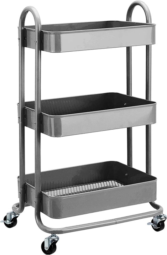 3-Tier Rolling Utility or Kitchen Cart, Lockable Wheels, Multifunctional Storage, Charcoal