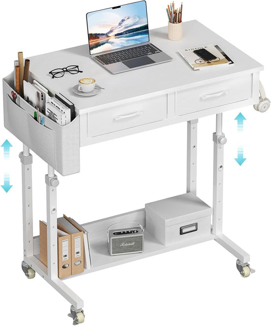 Small White Portable Adjustable Rolling Kids Desk with Drawers & Storage Shelf, 32 Inch Mobile Standing Vanity Desks with Wheels, Couch Sofa Side Laptop Craft Table for Bedroom Home Office