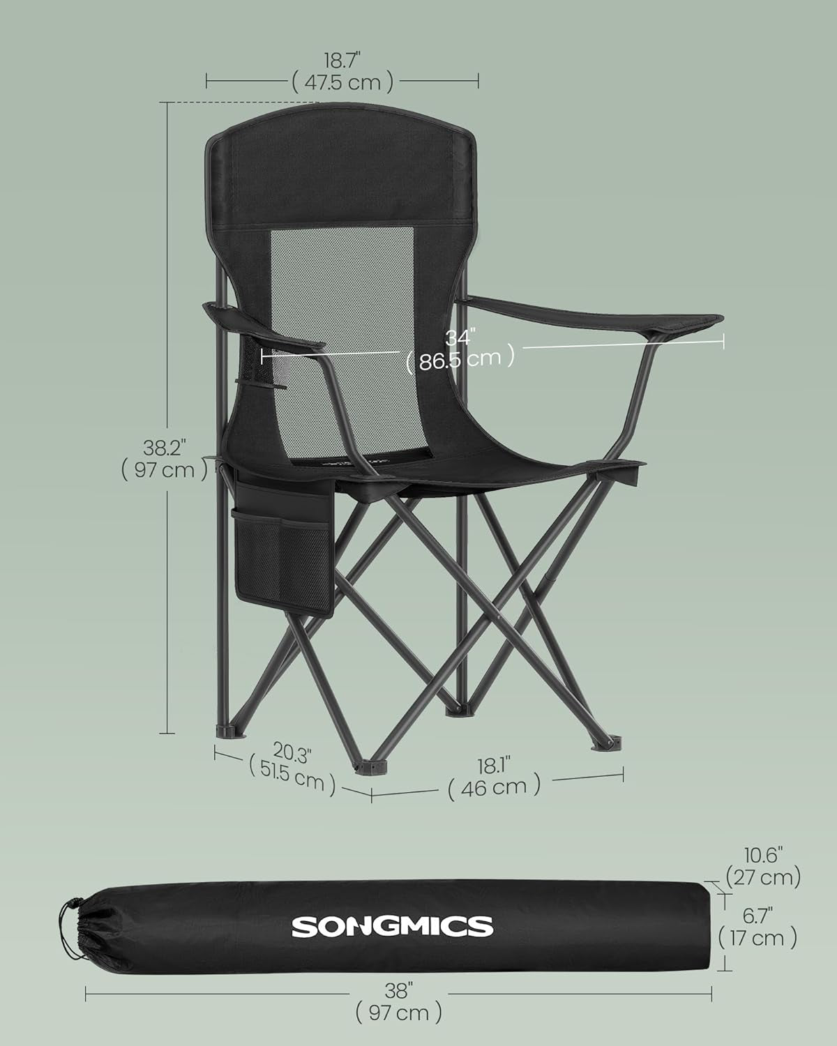Breathable Camping Chairs, Foldable Outdoor Chairs Set of 2, High Back, Adjustable Armrests, Drink Holder, Weight Capacity 330 Lb, for Sports Garden Backyard, Ink Black UGCB028B02