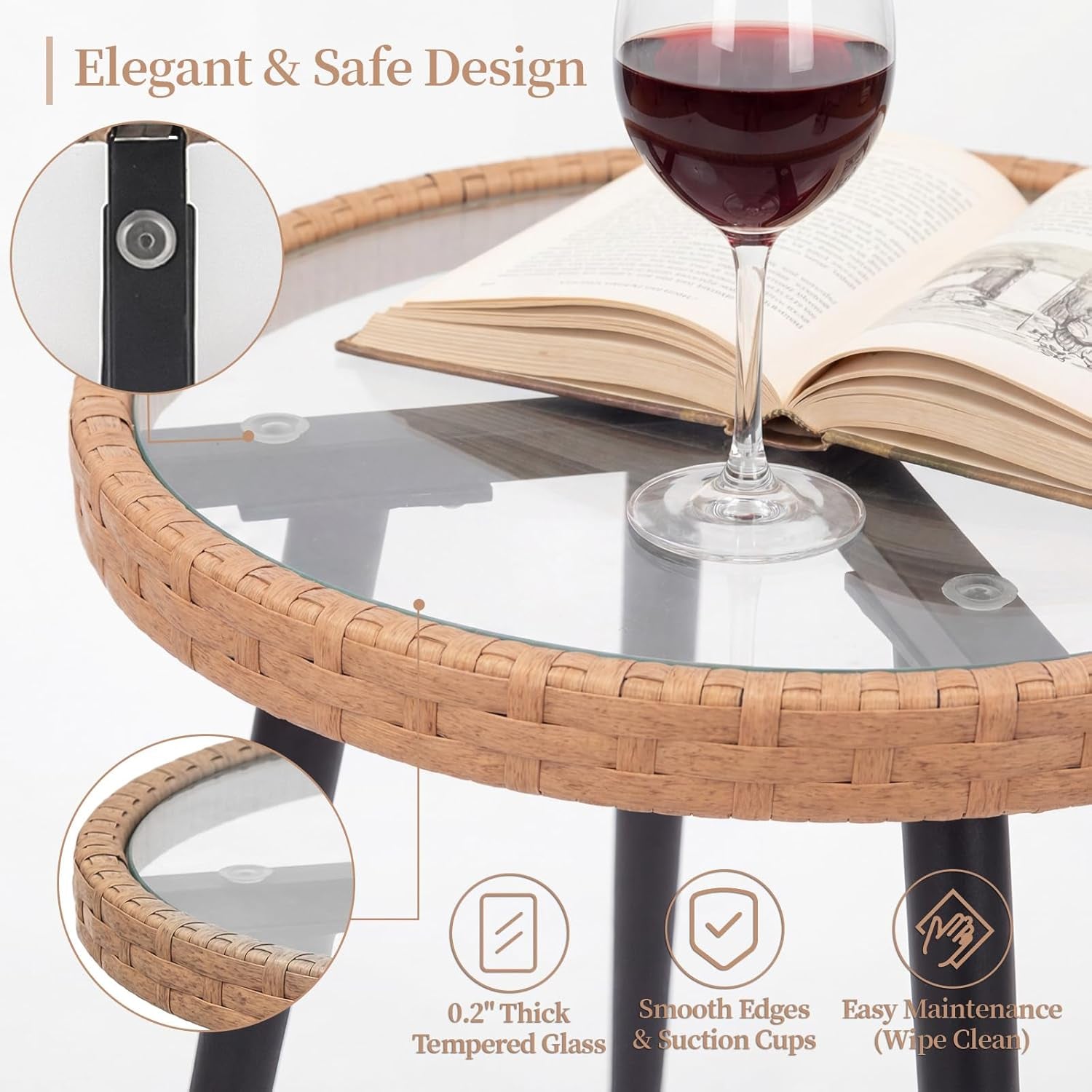 3-Piece Patio Dining Set, Featuring a round PE Rattan Table and 2 Chairs, Suitable for Bedrooms, Porches and Gardens All-Weather Furniture Set Includes Tempered Glass, Thick Cushions