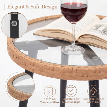 3-Piece Patio Dining Set, Featuring a round PE Rattan Table and 2 Chairs, Suitable for Bedrooms, Porches and Gardens All-Weather Furniture Set Includes Tempered Glass, Thick Cushions