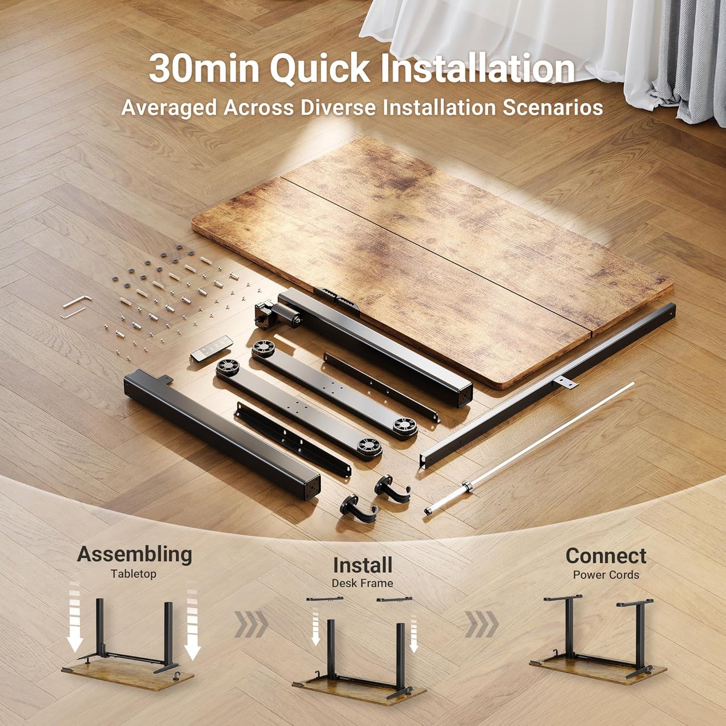 Electric Standing Desk, Adjustable Height Stand up Desk, 24X48 Inches Sit Stand Home Office Desk with Splice Board, Black Frame/Rustic Brown Top