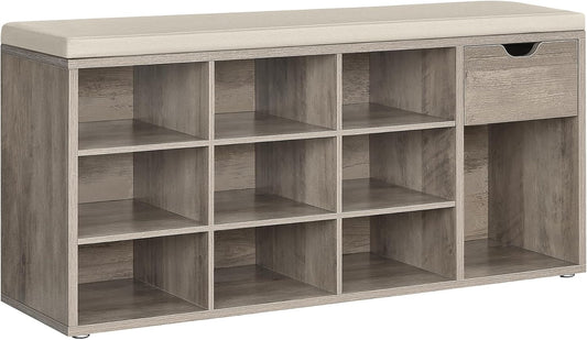 CUSTOS Collection - Shoe Bench, Storage Bench with Padded Seat, Entryway Bench with 15 Compartments, for Bedroom, 11.8 X 40.9 X 18.9 Inches, Heather Greige and Cappuccino Beige ULHS024K02