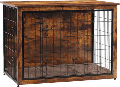 Dog Crate Furniture with Cushion, Wooden Kennel Table with Double Doors, Indoor Dog House, Extra Large Size, 43.3" L, Rustic Brown