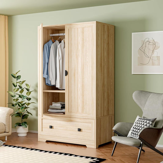 Armoire Wardrobe Closet with Doors, Hanging Rod, Shelves and Drawer - Freestanding Cabinet for Bedroom, Dorm - Oak, 38" W X 21" D X 65" H