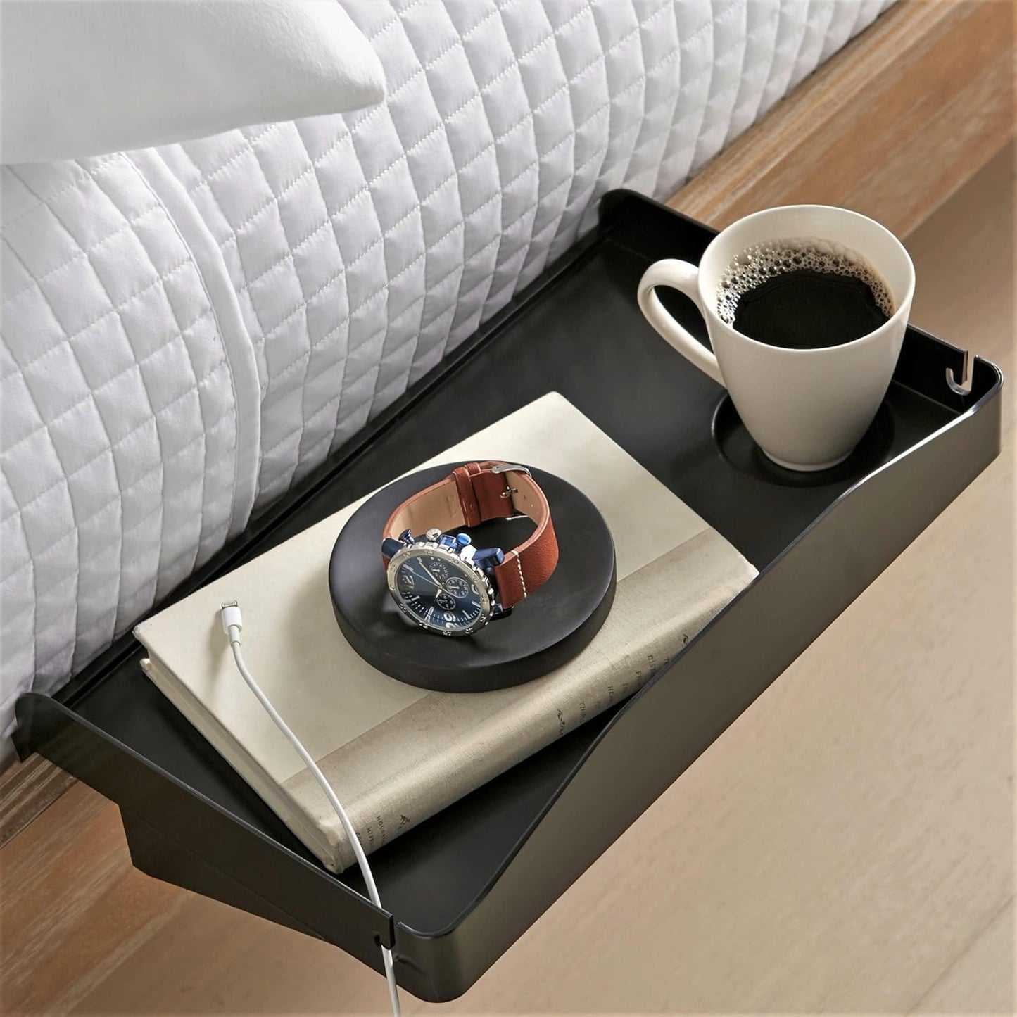 Bedside Shelf for Bed, College Dorm Room, Bunk Bed Shelf/Caddy for Top Bunk, Clip on Nightstand Tray with Cord and Cup Holder for Table Storage (Black)