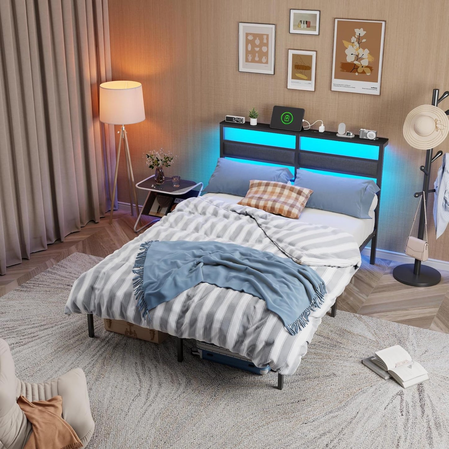 Full Size Bed Frame with Headboard, Bed Frame Full Size with LED Light and Charging Station, Black Metal Platform Bedframe and Storage Shelf, No Box Spring Needed, Noise Free