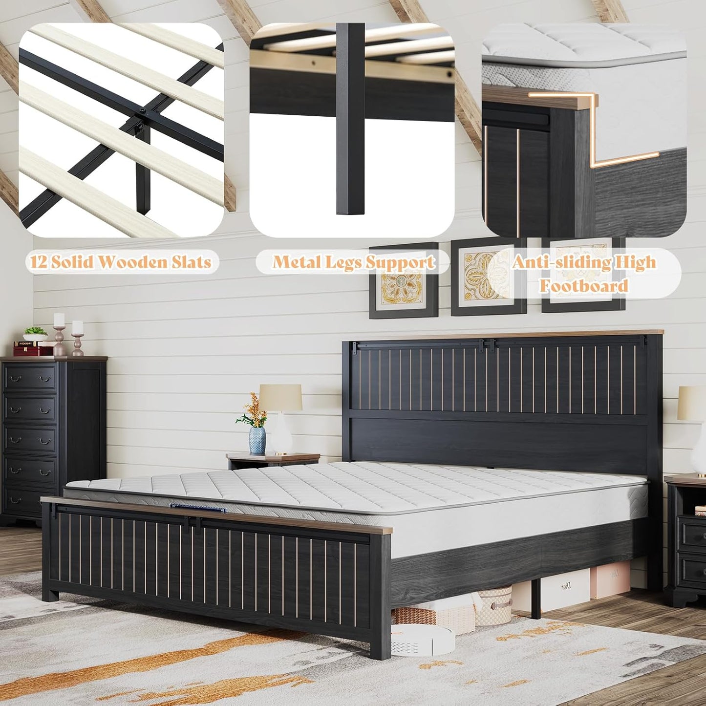 Farmhouse Queen Size Bed Frame with Sliding Barn Door, Wooden Rustic Platform Bed Frame with 47" Tall Headboard, Noise-Free, Solid Wood Slats & Metal Support, No Box Spring Needed, Dark Grey