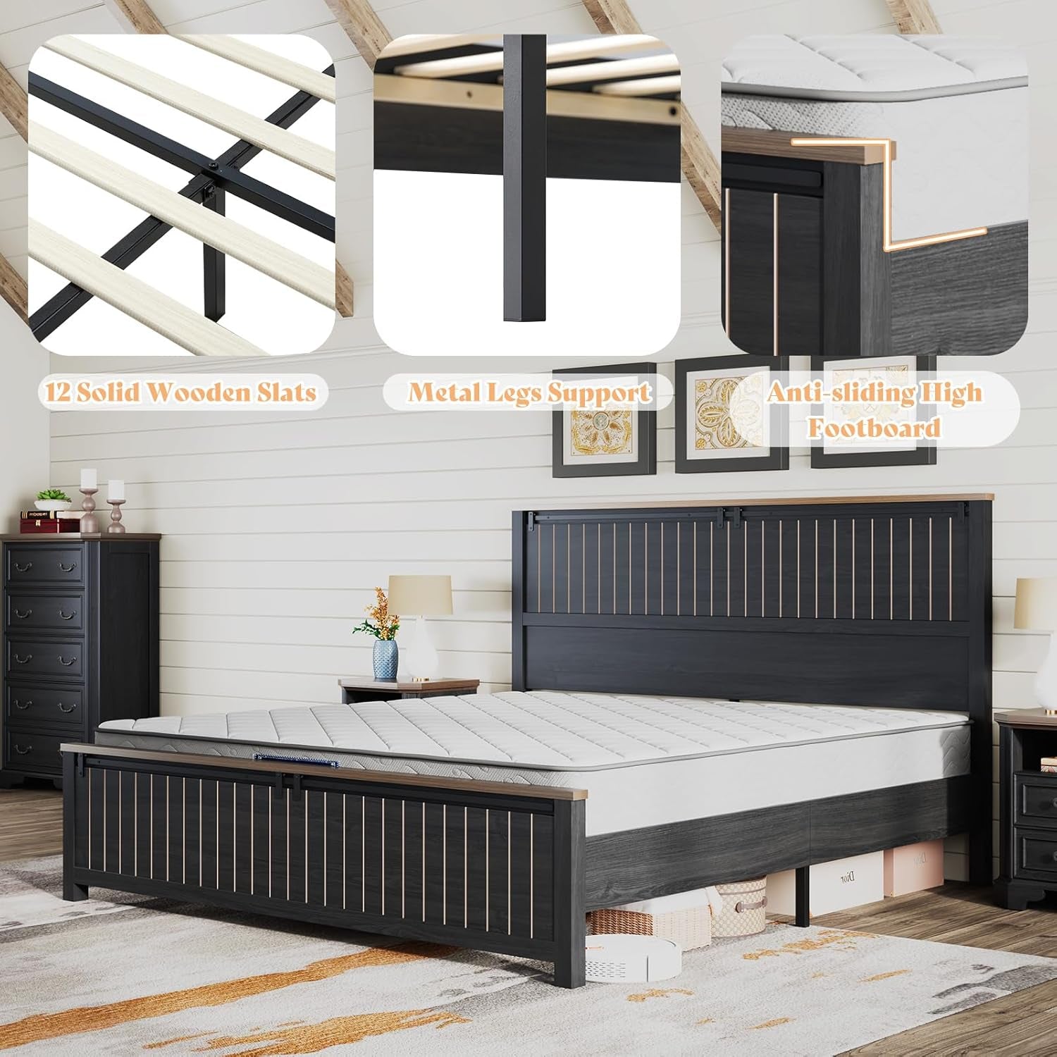 Farmhouse Queen Size Bed Frame with Sliding Barn Door, Wooden Rustic Platform Bed Frame with 47" Tall Headboard, Noise-Free, Solid Wood Slats & Metal Support, No Box Spring Needed, Dark Grey