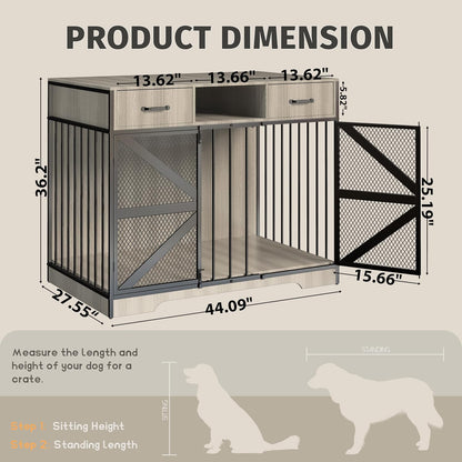 44" Large Dog Crate Furniture, Wooden Heavy Duty Dog Kennel TV Stand with 2 Drawers, Indoor Multi-Functional Decorative XL Furniture for Medium & Large Breeds, Grey