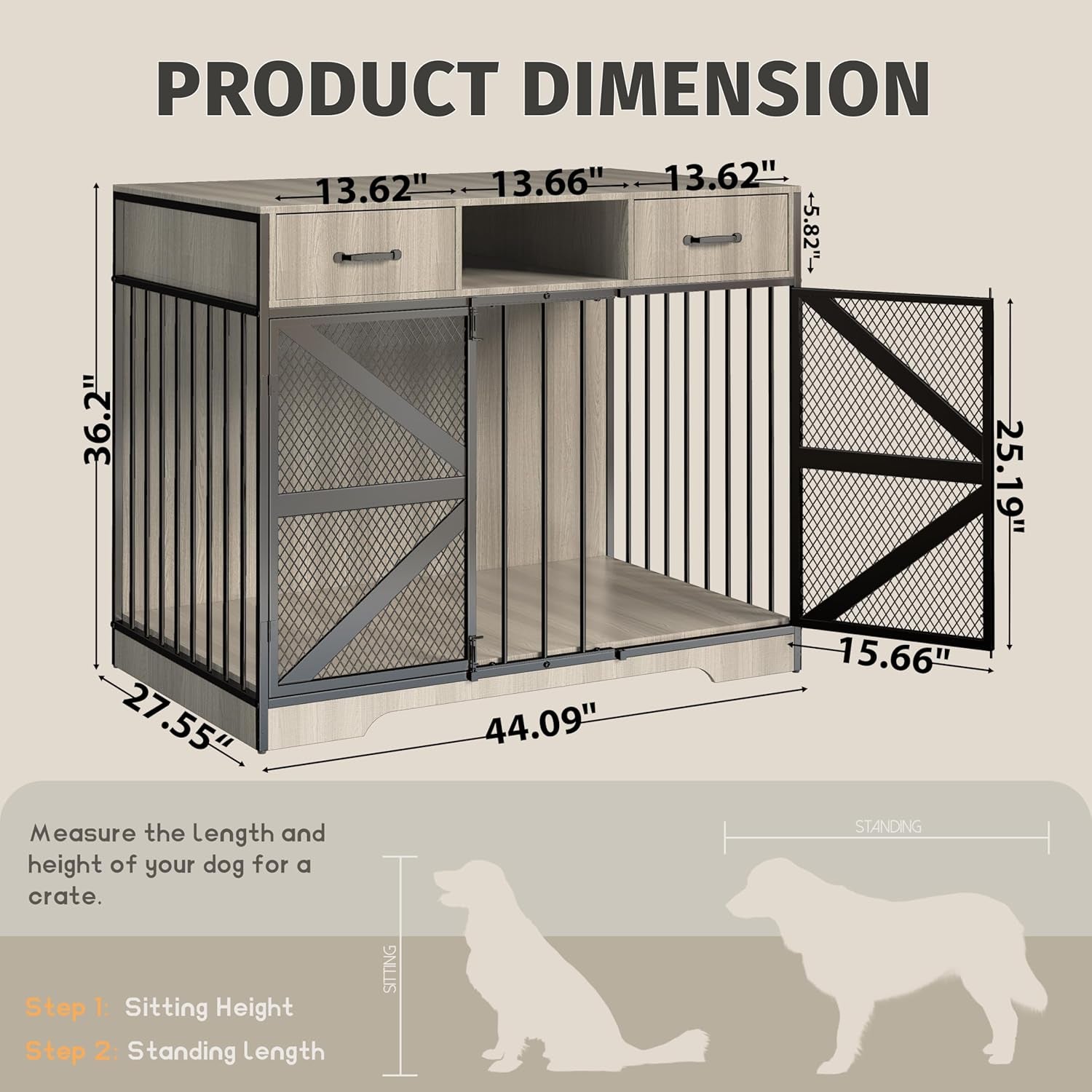 44" Large Dog Crate Furniture, Wooden Heavy Duty Dog Kennel TV Stand with 2 Drawers, Indoor Multi-Functional Decorative XL Furniture for Medium & Large Breeds, White
